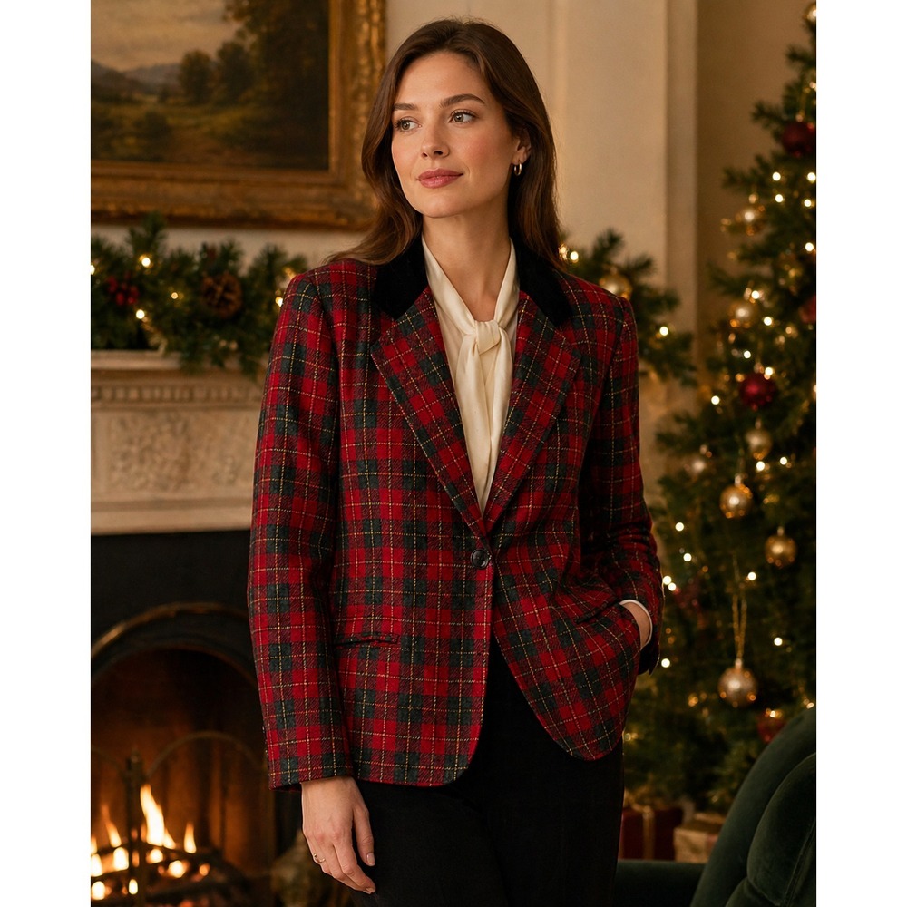 Sag Harbor Blazer Jacket Womens 14/16 Red Tartan Plaid Wool Blend Vintage